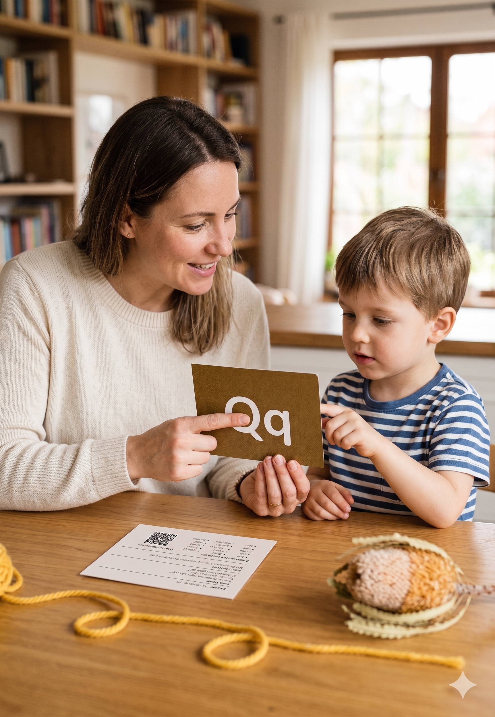 Una madre practicando sonidos con su hijo en casa